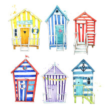 Set Of Hand Painted, Colorful Watercolor Beach Huts