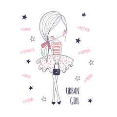 Wall Mural - Urban girl. Childish doodle graphic for kids clothing