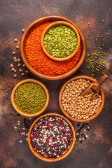 Wall Mural - Assortment  of Legumes - lentils, peas, mung, chickpeas and different beans.