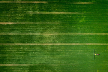 Tractor spraying the pesticides on field, aerial view of Poland