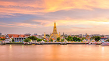 Beautiful View Of Wat Arun Temple At Twilight In Bangkok, Thailand