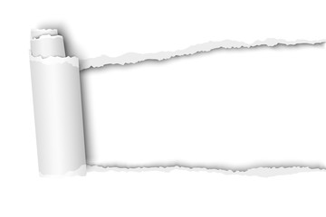 Wall Mural - Oblong snatched hole in white sheet of paper from right to left side with paper curl. Vector paper template design.