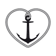 Vector Black Logo Rope Heart With Nautical Anchor. Isolated On White Background