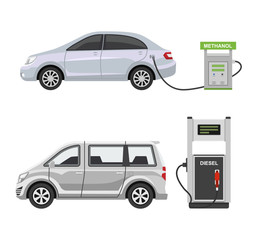 Fuel alternative vehicle vector team-car or gas-truck and solar-van or gasoline electricity station illustration set of bio-ethanol and hydrogen electric-car isolated on white background