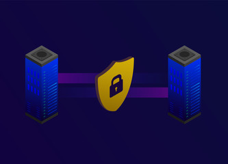 Wall Mural - isometric secutiry cloud computing vector concept. secure data exchange between two online cloud sto