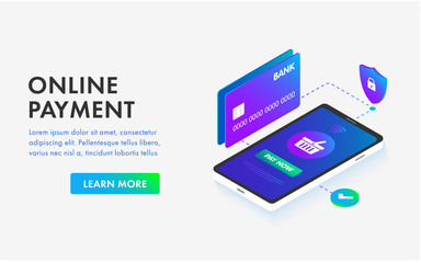 Wall Mural - isometric online payment vector 3d concept. internet payments with mobile smartphone and credit bank