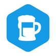 Icono plano jarra cerveza espacio negativo en hexágono color azul
