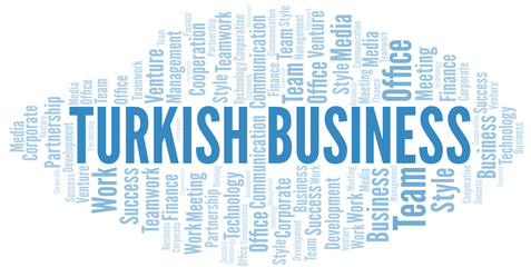 Turkish Business word cloud. Collage made with text only.