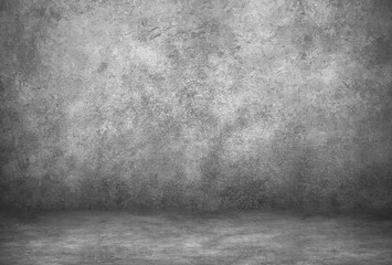 Poster - Grey cement wall and studio room with backdrops background. Blank product display.