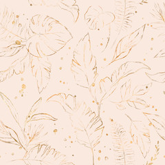 gold seamless pattern with tropic leaves. Hand drawn background.  Botanic pattern for wallpaper or fabric. Exotic Tile.