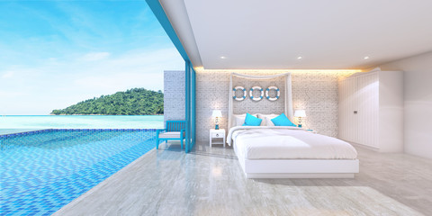 3d rendering bedroom interior with sea view background,minimal bedroom interior with seascape view