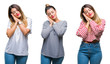 © Krakenimages.com - Collage of young beautiful woman over isolated background sleeping tired dreaming and posing with hands together while smiling with closed eyes.