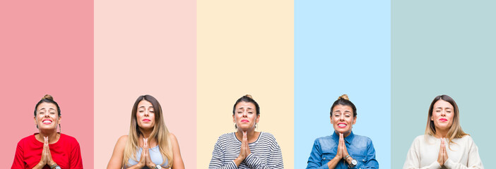 Poster - Collage of young beautiful woman over colorful vintage stripes isolated background begging and praying with hands together with hope expression on face very emotional and worried. 