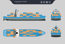 Cargo Ship On A Grey Background. Top, Side And Front View. Container Transport In Flat Style. Vector Illustration