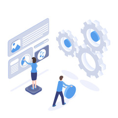 Software testing and optimization isometric illustration. Programmers creating mobile application interface, developer engineering app 3d cartoon characters. SEO, digital marketing isolated clipart