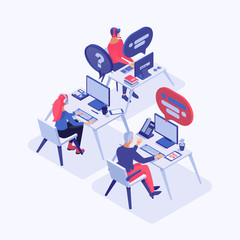 Call center vector isometric illustration. Customer service operators with headset consulting clients, managers 3d cartoon characters. Around the clock tech support, office workers at workplace