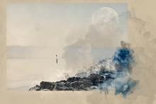 Digital Watercolor Painting Of Stunning Sunrise Landscape Over Rocks In Sea With Super Moon