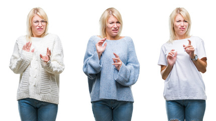 Poster - Collage of beautiful blonde woman wearing winter sweater over isolated background disgusted expression, displeased and fearful doing disgust face because aversion reaction. With hands raised. 