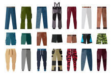 Men's Clothing. Shorts And Pants For Boys And Men. Set Of Fashion And Style Elements.