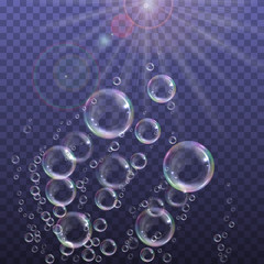 Wall Mural - Realistic floating soap bubbles with rainbow reflection on transparent background. Design element for advertising booklet, flyer or poster