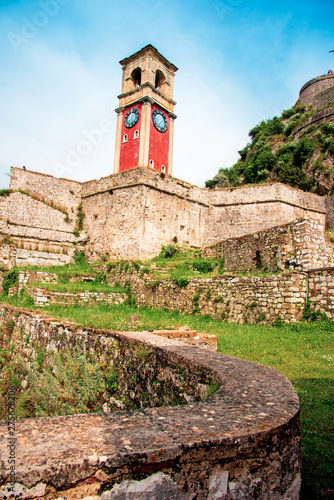 Beautiful landscape with a clock and bell tower in the old fortress in Kerkir...