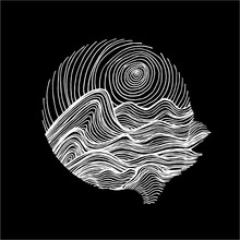 Black White Illustration Of Sea Waves And Sky In Hatching Style. Tattoo Idea. Chalk On A Blackboard.