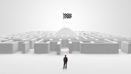 Man standing in front of a big round maze with pirate flag in the center
