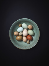 Multicolored Farm Fresh Eggs In Ceramic Bowl