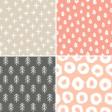 Vector Set Of 4 Seamless Abstract Backgrounds In Subtle Colors. Minimal Designs In Scandinavian Style For Baby Shower, Birthday, Scrapbook, Cards, Textiles, Gift Wrapping Paper, Surface Textures.
