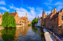 Classic View Of The Historic City Center Of Bruges (Brugge), West Flanders Province, Belgium. Cityscape Of Bruges With Canal.