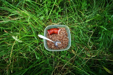 Canvas Print - Breakfast tourist, sausage and buckwheat