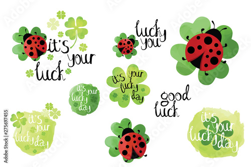 Bright good luck wishes card elements set, drawn labels on white background Poster Mural XXL