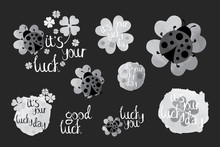 Good Luck Wishes Card Elements Set, Drawn Labels Ib Black And White