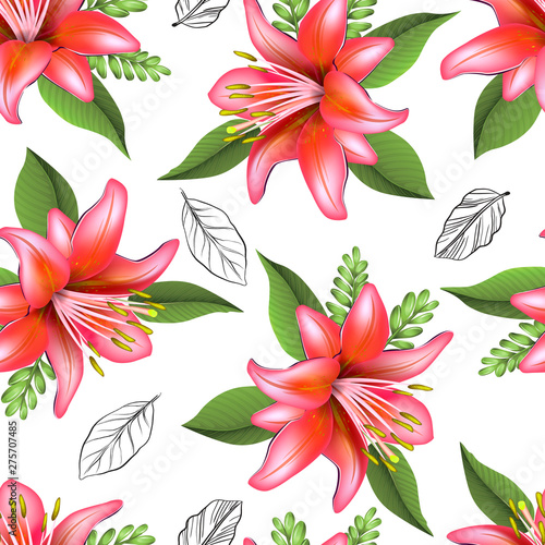 seamless lily  flower and leave pattern