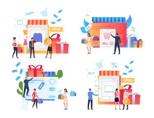 Wall Mural - Set of shoppers making purchases. Crowd of people doing shopping on sales day. Vector illustration for leaflet, promo, advertisement