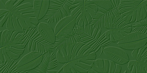 Horizontal artwork composition of trendy tropical green leaves - monstera, palm and ficus elastica isolated on white background (computer rendered).