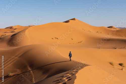 Fotomural Touriste qui marche dans les dunes, désert de Merzouga