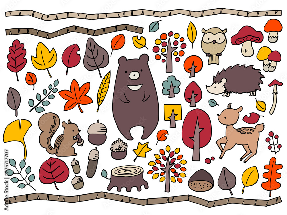 秋の森の動物たちのイラスト Wall Mural Wallpaper Murals Meg