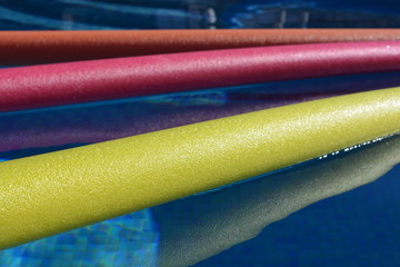 Wall Mural - Colorful pool noodles floating in a swimming pool