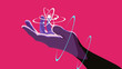 A hand holding a floating atom. Neon rings around the hand. The retro wave in the style of the 80s. Synth wave pink background.