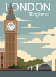 London retro poster. Vector landscape with Big Ban in London city.