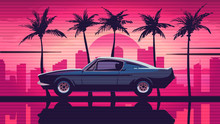 Retro Car Rides Among The Palm Trees Against The Backdrop Of The Sunset In The City. Pink Background In The Style Of Retro Sythwave 80s.