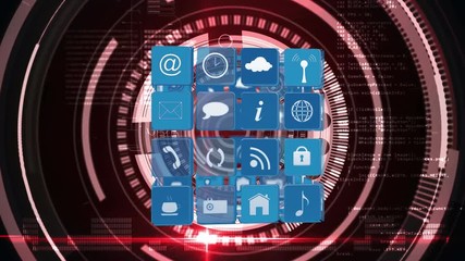 Online and application icons in squares and futuristic circles with program codes