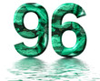 Arabic numeral 96, ninety six, from natural green malachite, reflected on the water surface, isolated on white, 3d render