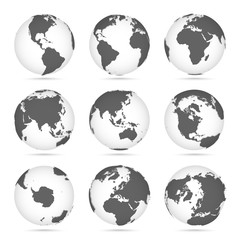 Wall Mural - Globe set gray and white, vector icons Earth with outline continents. Gray continent and white water.