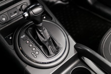 Close Up Of The Automatic Gearbox Lever, Blackinterior Car; Automatic Transmission Gearshift Stick;