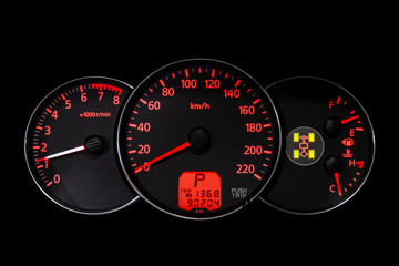 Wall Mural - Car dashboard wuth red backlight: Odometer, speedometer, tachometer, fuel level, water temperature and more