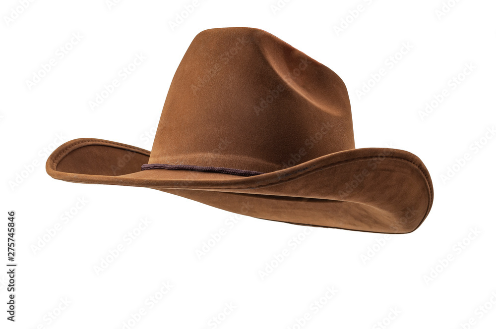 Rodeo horse rider, wild west culture, Americana and american country music concept theme with a brown leather cowboy hat isolated on white background with clip path cut out - obrazy, fototapety, plakaty 