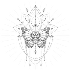 Vector illustration with hand drawn butterfly and Sacred geometric symbol on white background. Abstract mystic sign.