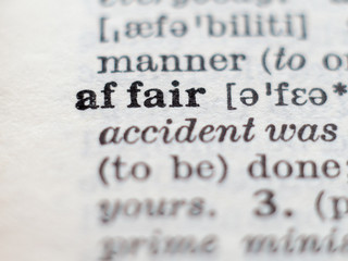 dictionary definition of word affair, selective focus.